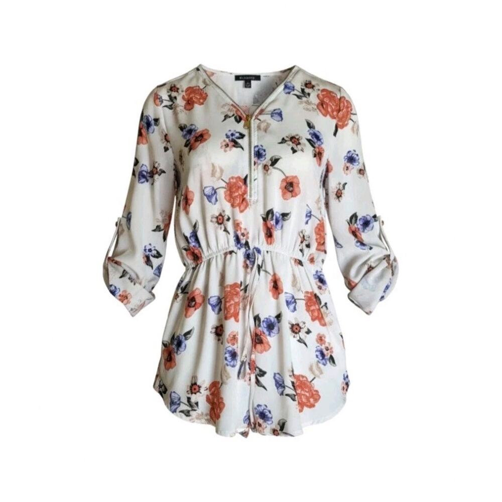 rue21 (M)Floral Button Accent V-Neck Blouse White Red Blue Long Sleeve Polyester